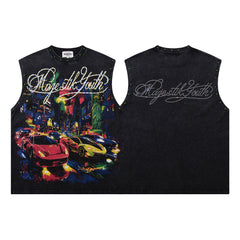 Majestik City Sports Car Graphic Rivet Sleeveless Tank Top