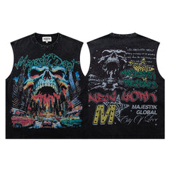 Majestik Skull City Graphic Rivet Sleeveless Tank Top