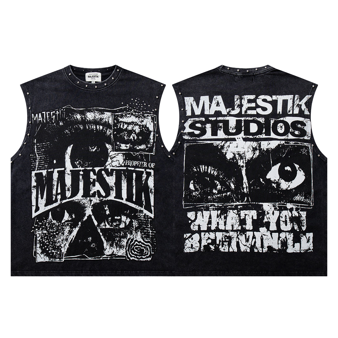 Majestik Vintage Collage Skull Rivet Sleeveless Tank Top