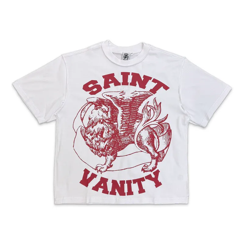 Saint Vanity Retro Griffin Red‑Print White Boxy Short Oversized Tee