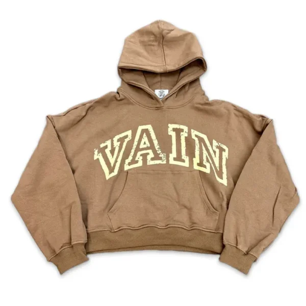 Saint Vanity Retro Letter‑Print Brown Cropped Oversized Hoodie