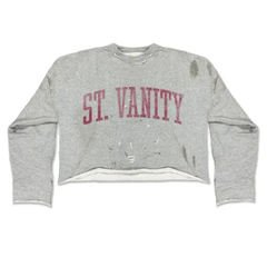 Saint Vanity Distressed ST. VANITY Letter Cropped Long Sleeve Top