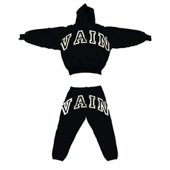 Saint Vanity Retro VAIN Letter Black Cropped Hoodie & Jogger Matching Tracksuit