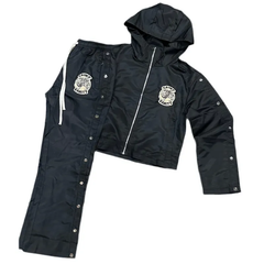 Saint Vanity Vintage Embroidered Black Cropped Hooded Windbreaker & Side Snap Track Pants Matching Set