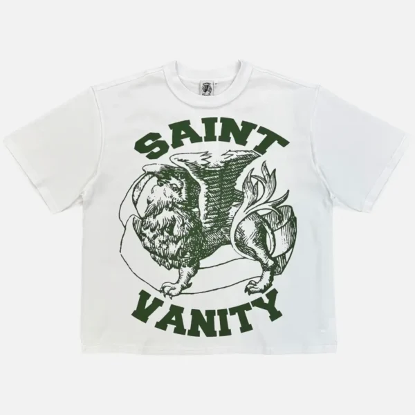 Saint Vanity Retro Griffin Dark‑Green‑Print White Boxy Short Oversized Tee