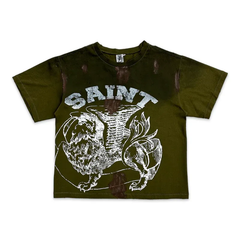 Saint Vanity Retro Griffin Faded Olive Green Destroyed Short Oversized Tee